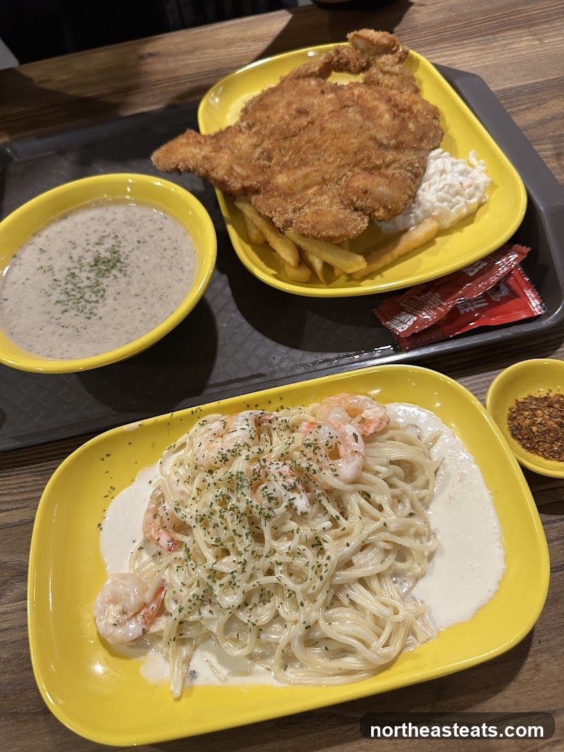 Creamy Shrimp Pasta and Fried Chicken