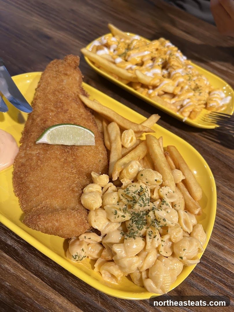 Fish and Chips with Macaroni and Cheese