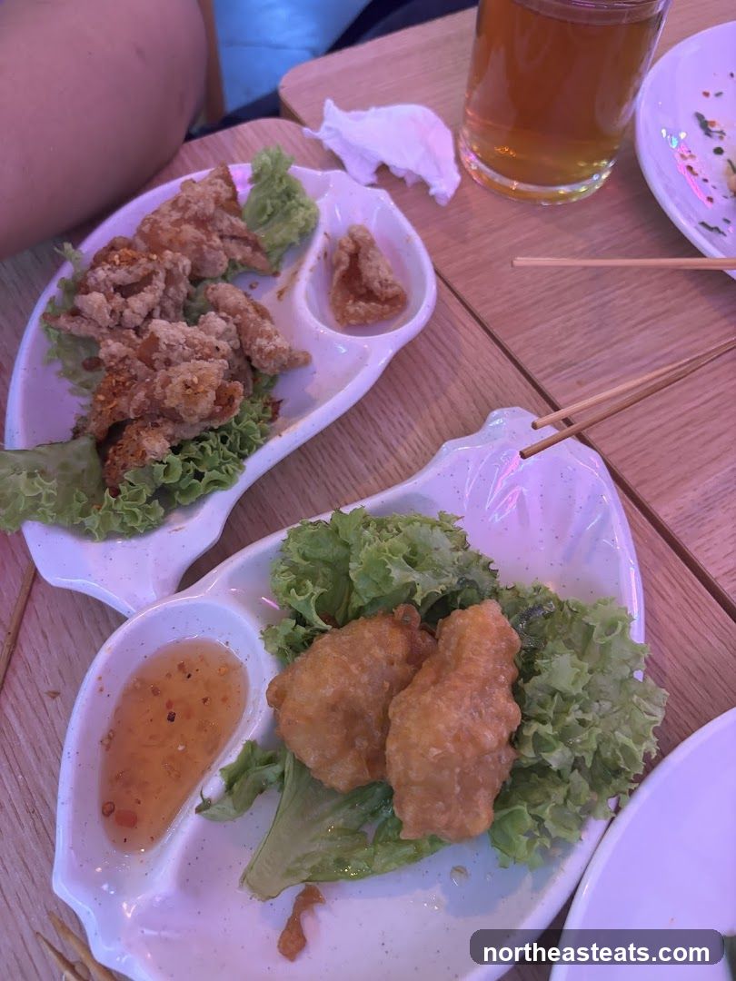 Fried Appetizers with Dipping Sauce and Beer