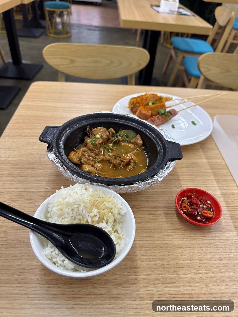 Chicken Stew with Rice and Skewers