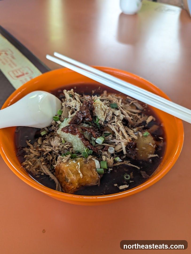 Bowl of noodles with shredded meat and tofu