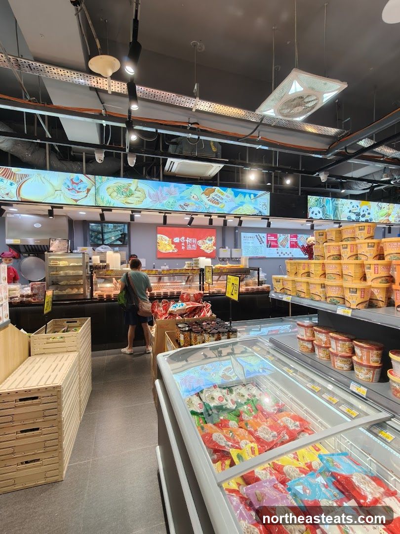 Supermarket aisle with food displays