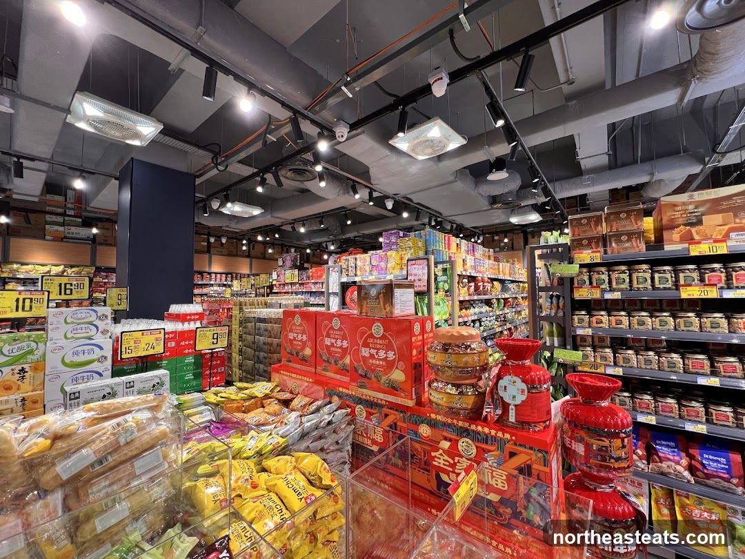 Supermarket aisle with food products