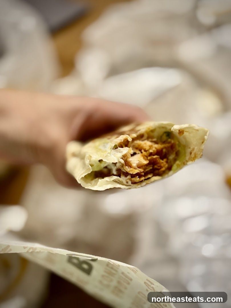 Hand holding a chicken wrap