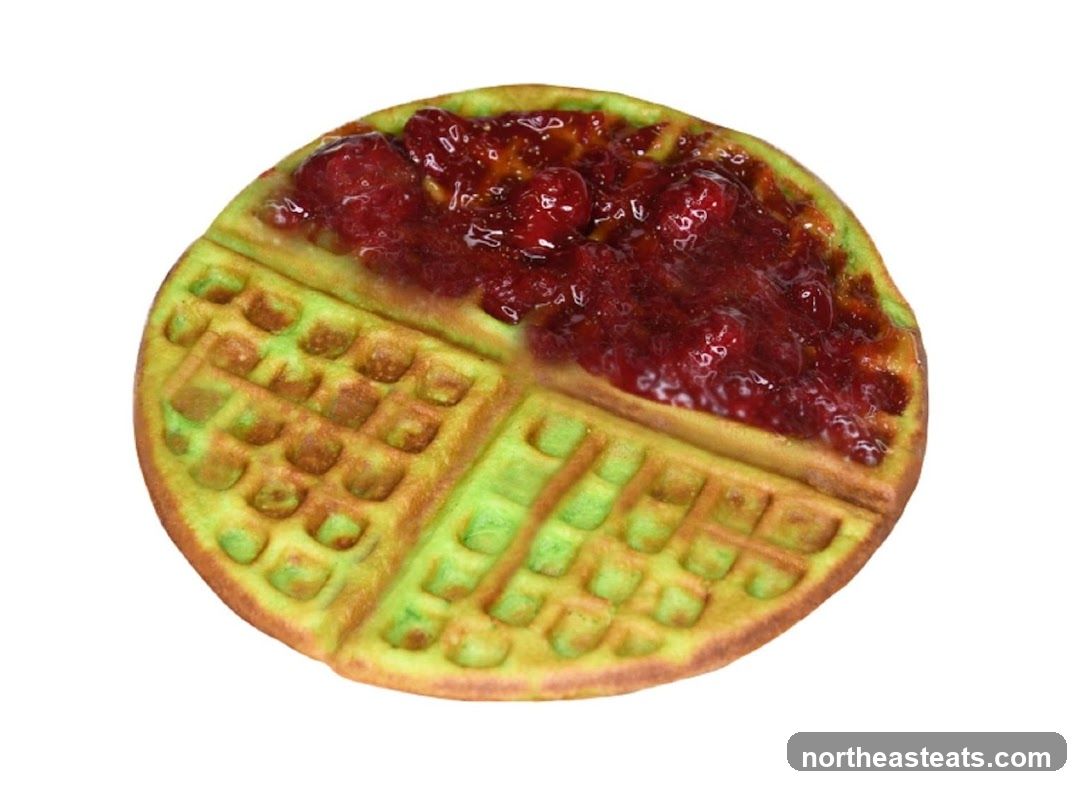 Green Waffle with Strawberry Topping