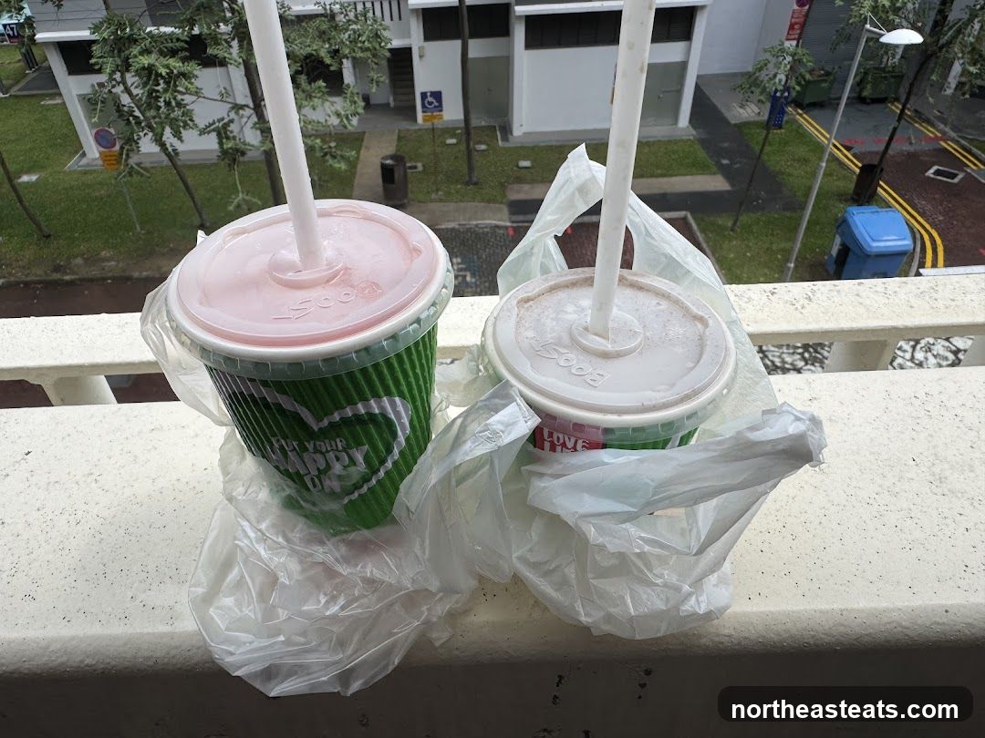 Two drinks in plastic bags