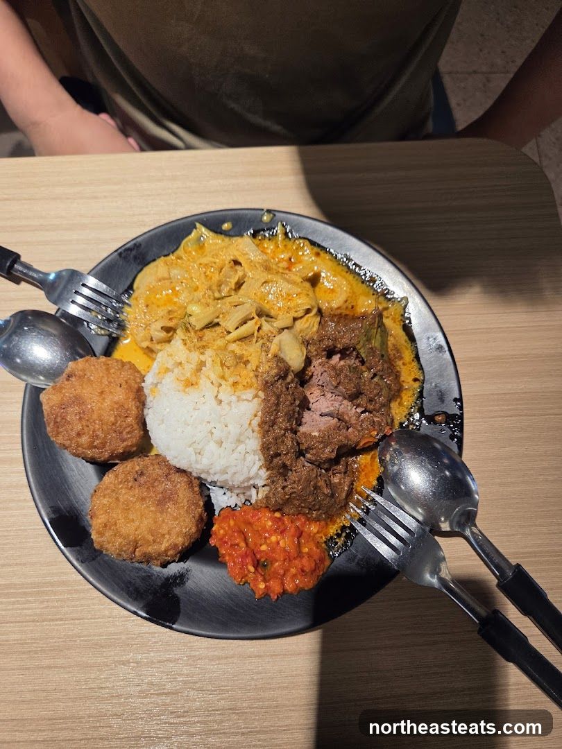 Plate of food with rice, curry, meat, and fried items