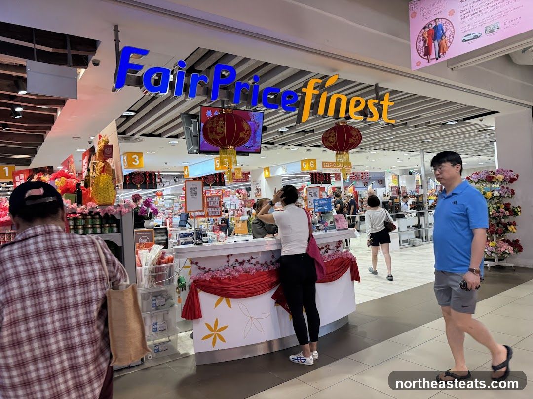 The exterior of a FairPrice Finest supermarket. The prominent blue and orange sign "FairPrice Finest" is visible above the entrance. Inside, shoppers are seen at the checkout counters and browsing aisles. Festive red lanterns and floral decorations suggest a holiday season, possibly Chinese New Year.
