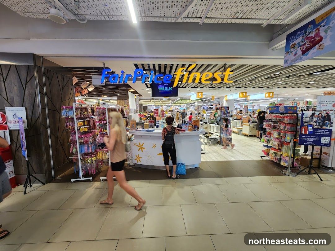 The exterior of a FairPrice Finest supermarket. The store has a wide entrance with a prominent blue and yellow sign above. Inside, aisles of products are visible, along with a checkout counter and shoppers. There are also displays of merchandise near the entrance.