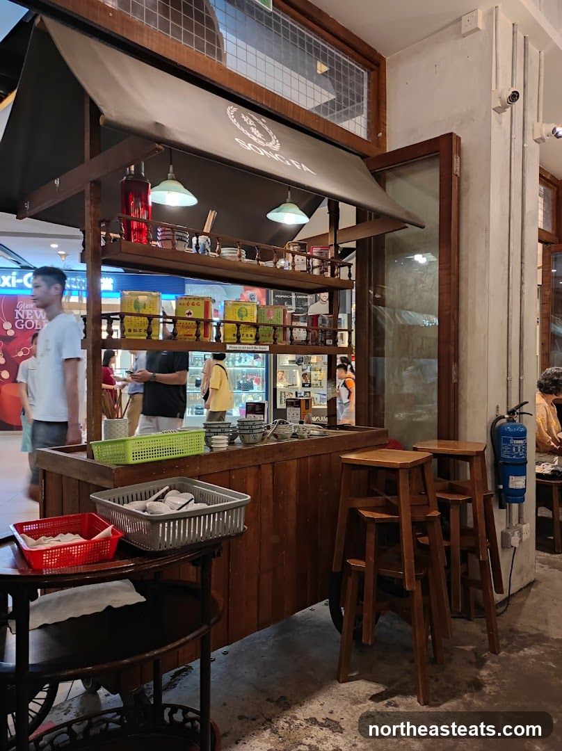 Wooden food stall with seating