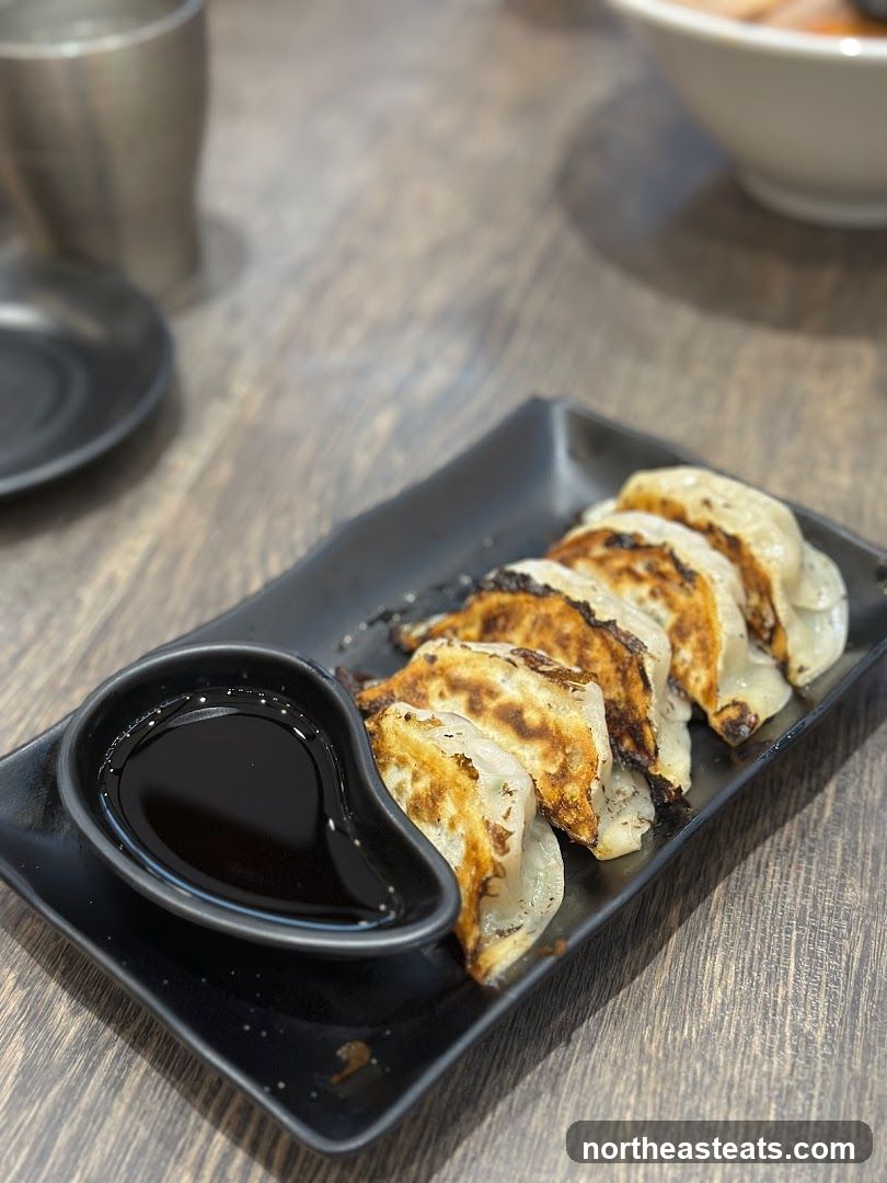 Pan-fried dumplings with dipping sauce