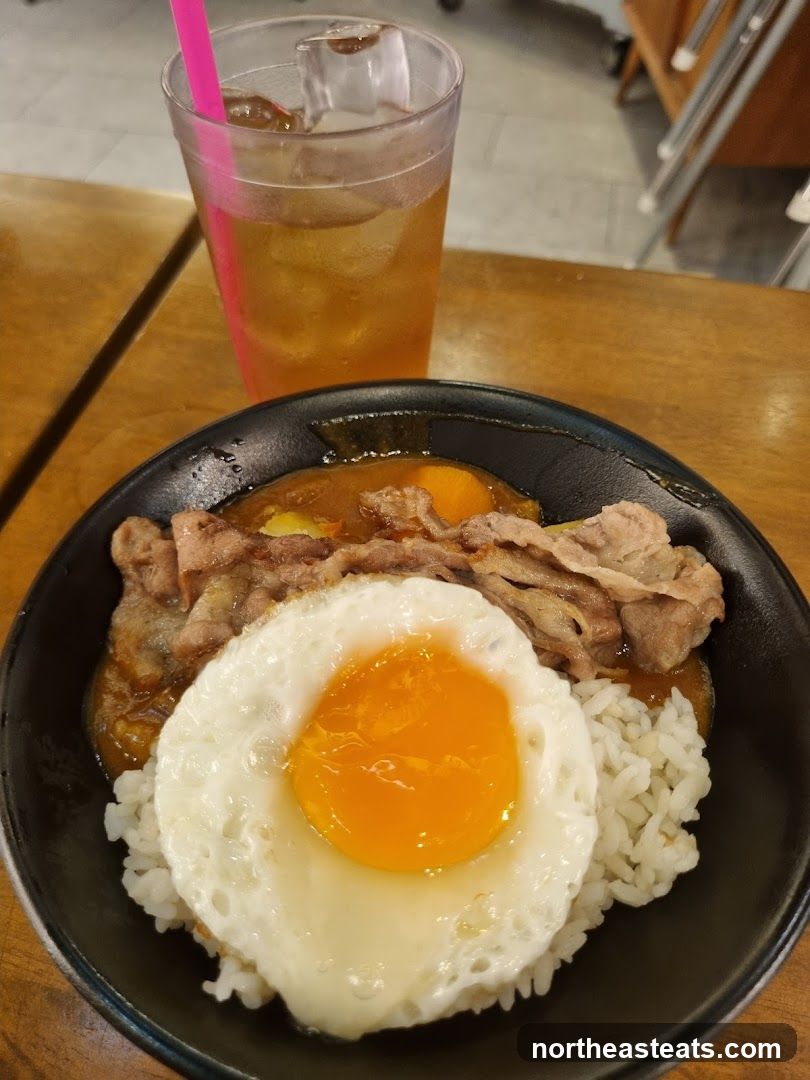 Beef and Egg Rice Bowl with Iced Tea