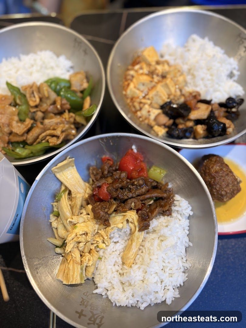 Three bowls of rice with various toppings