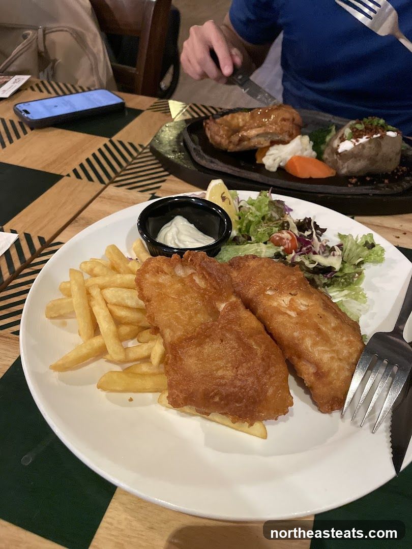 Fish and Chips with Side Salad and Baked Potato