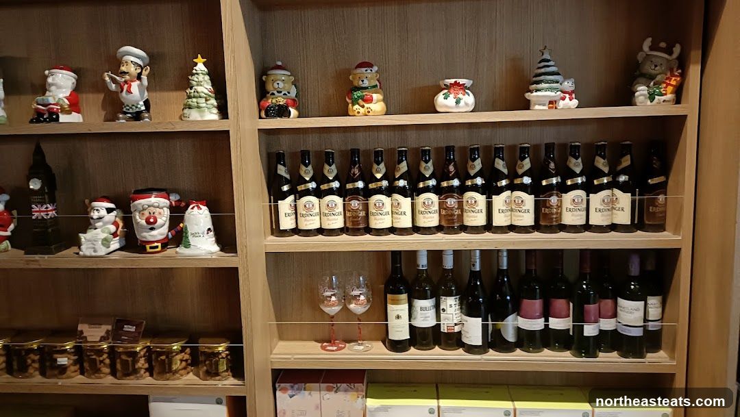 Christmas themed display with bottles and jars