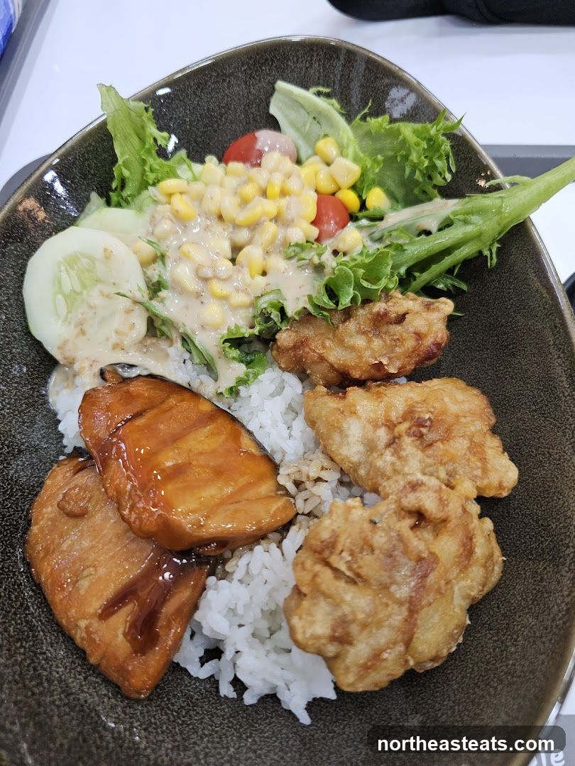 Teriyaki Salmon and Fried Chicken Rice Bowl