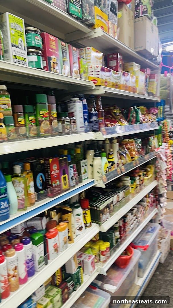 Shelves stocked with various products