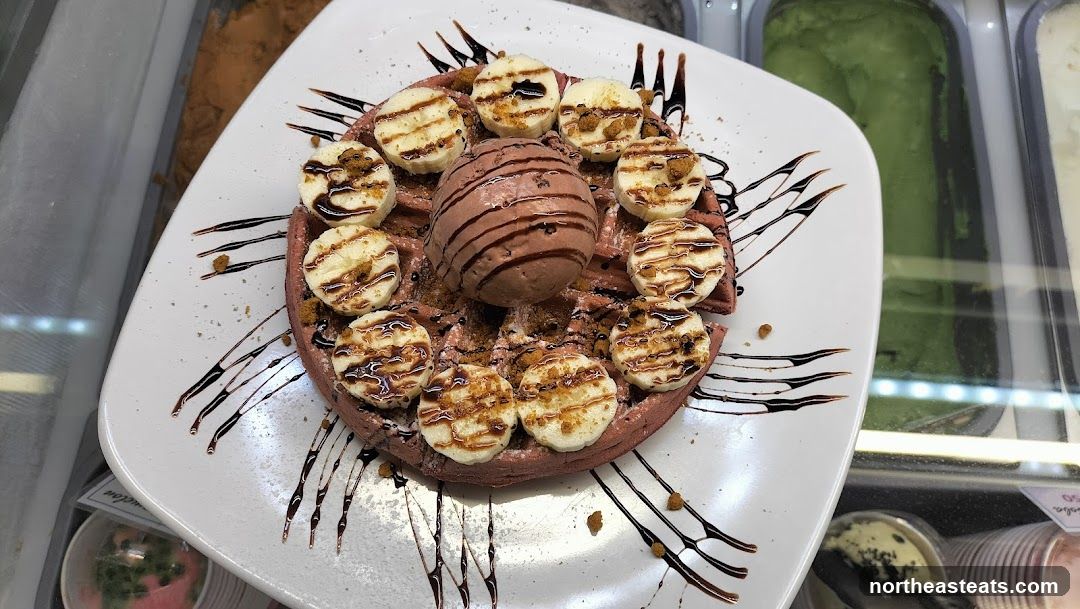Chocolate Waffle with Ice Cream and Bananas