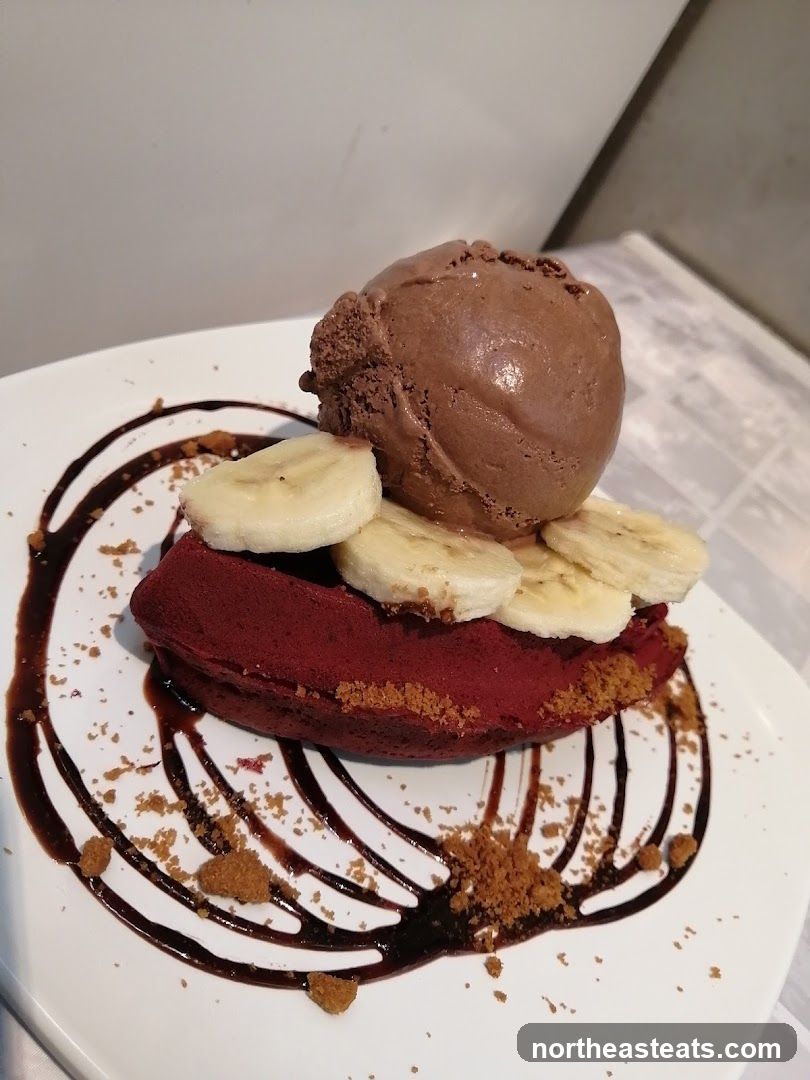 Red Velvet Waffle with Chocolate Ice Cream and Bananas