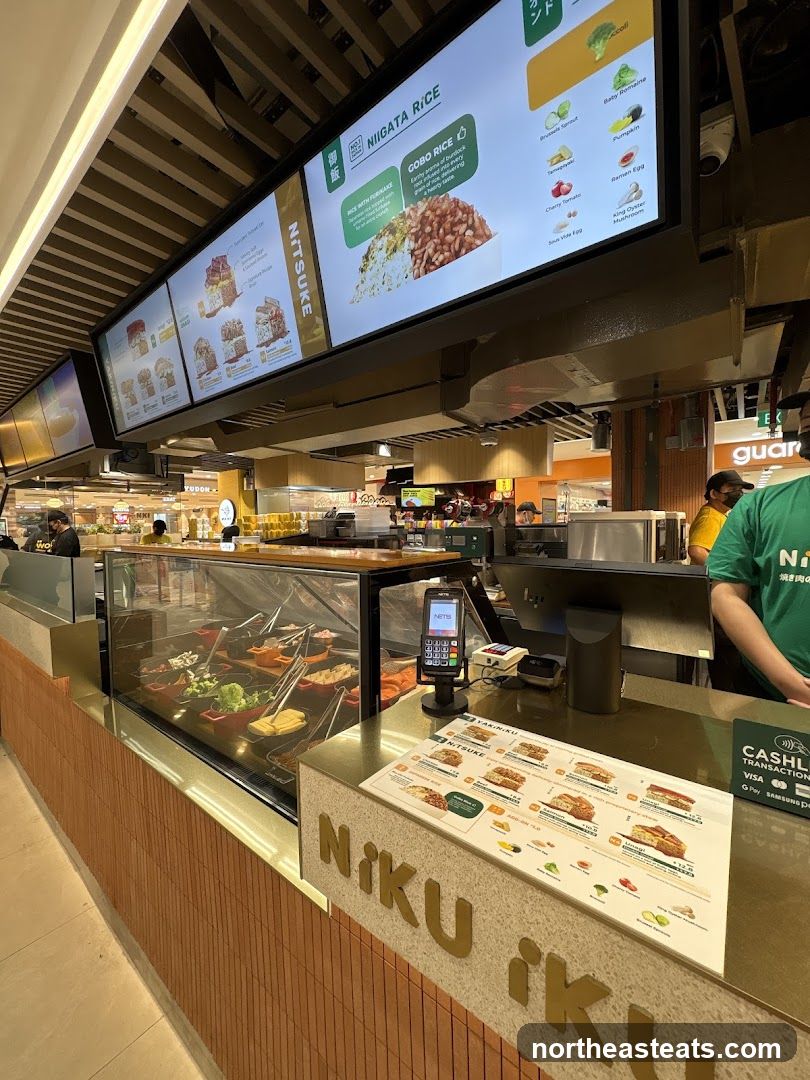 Food counter with digital menu and salad bar