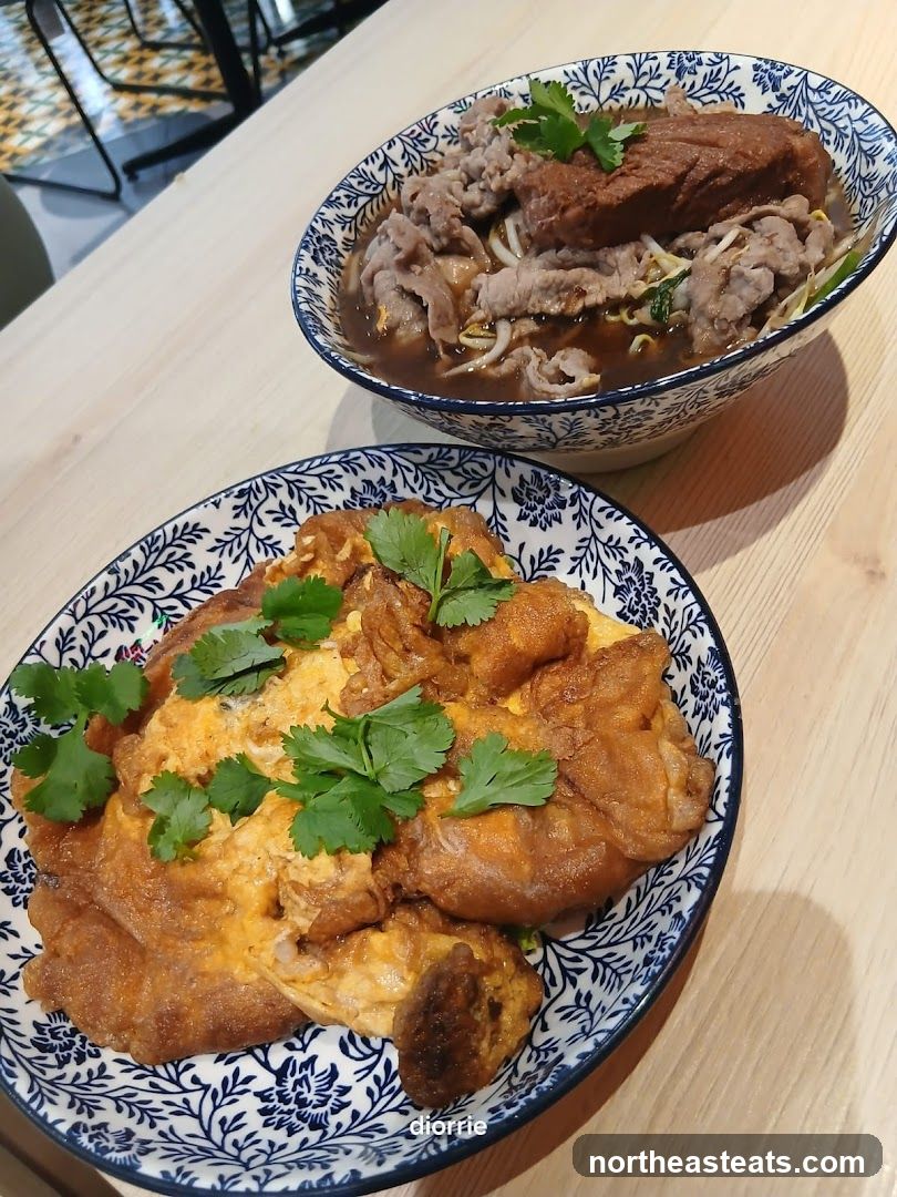 Beef noodle soup and omelette