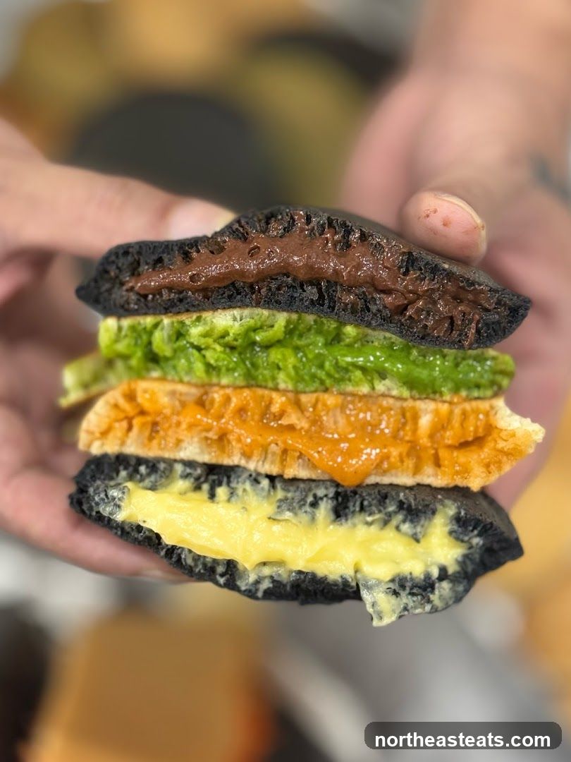 Layered Dessert with Dark Chocolate, Matcha, and Custard Fillings