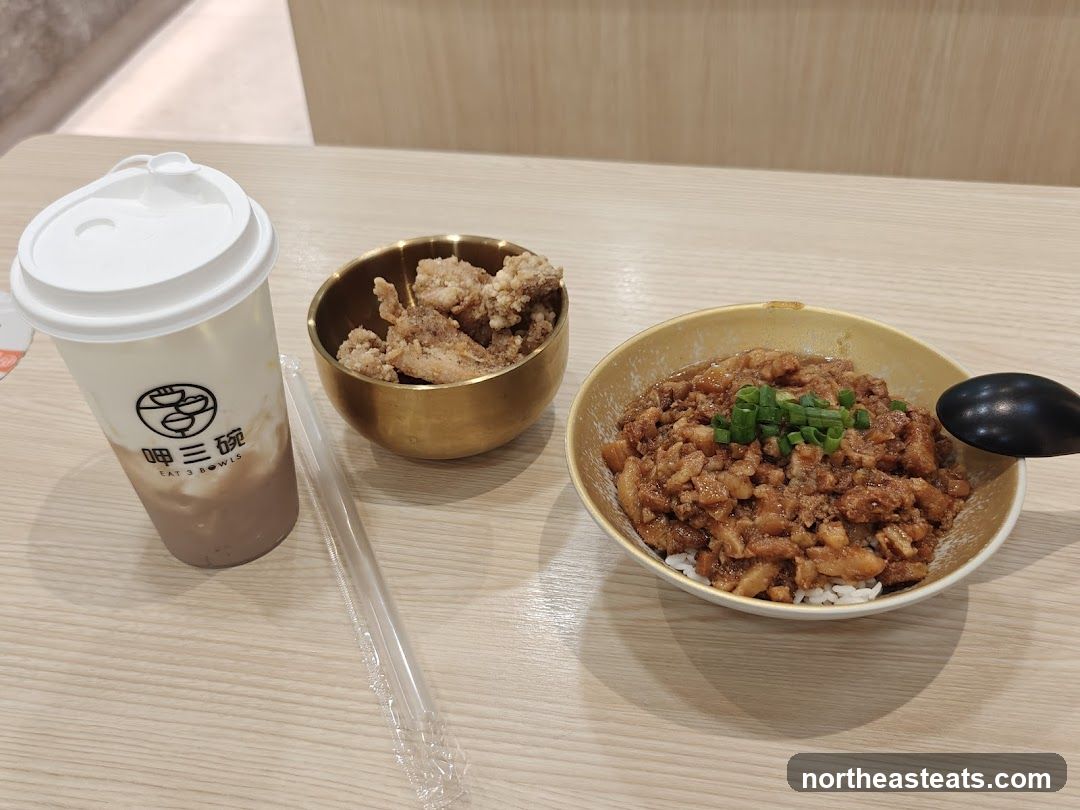 Taiwanese Braised Pork Rice Bowl with Fried Chicken and Milk Tea