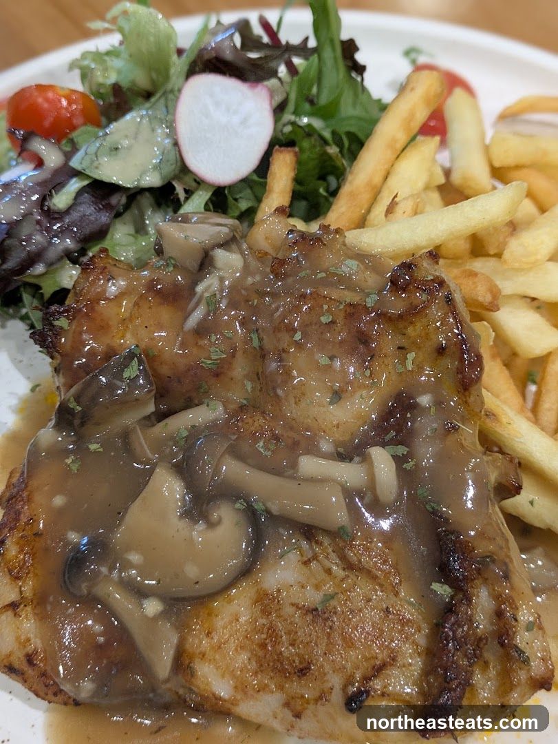 Mushroom Chicken with Fries and Salad