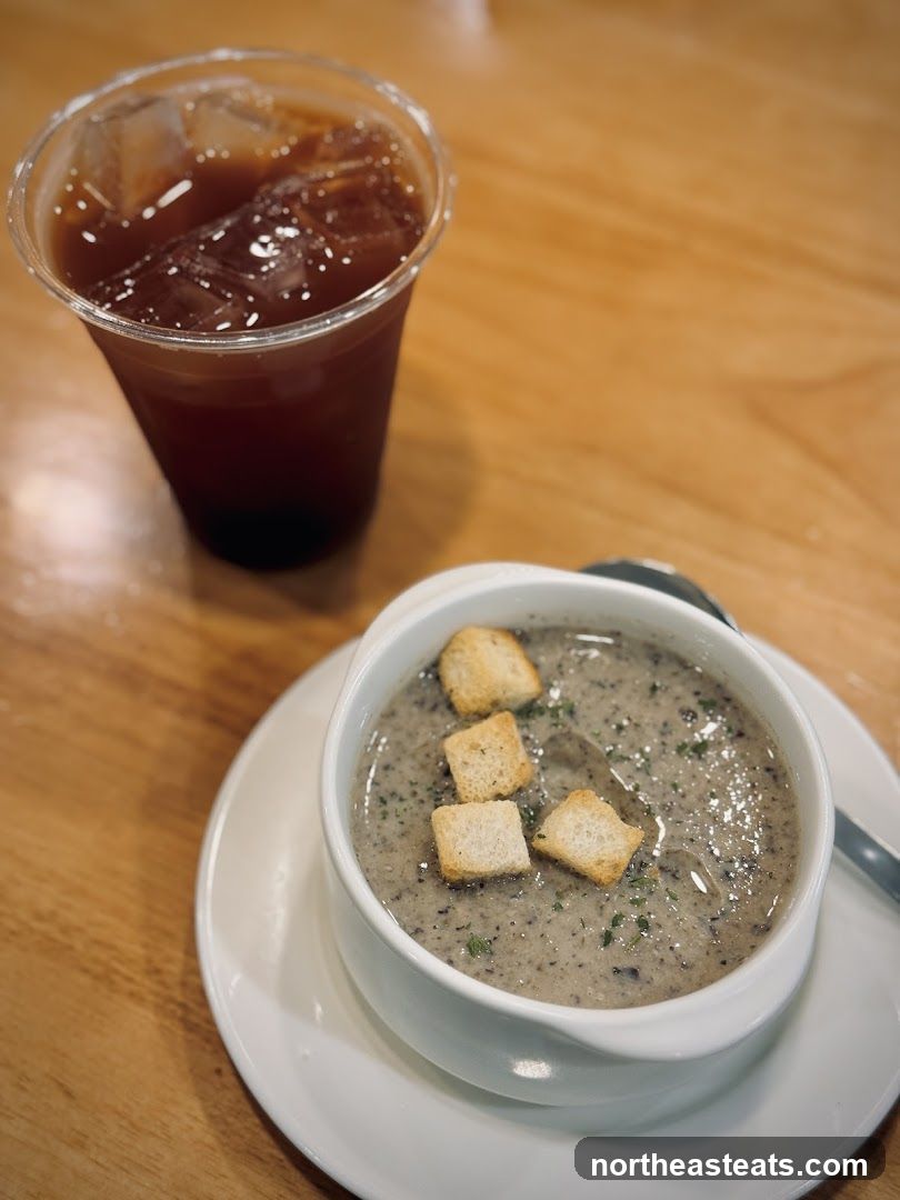 Mushroom soup and iced coffee