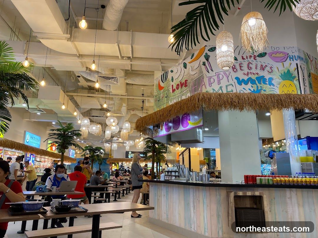 Food court with tropical decor