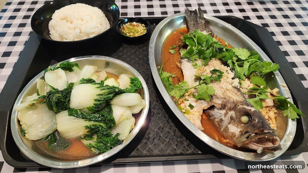 Steamed Fish with Bok Choy and Rice