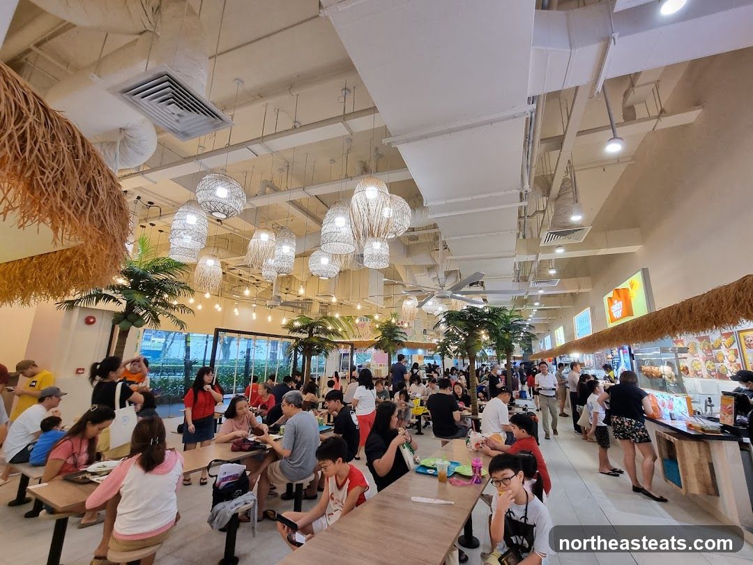 Busy Food Court with Tropical Decor