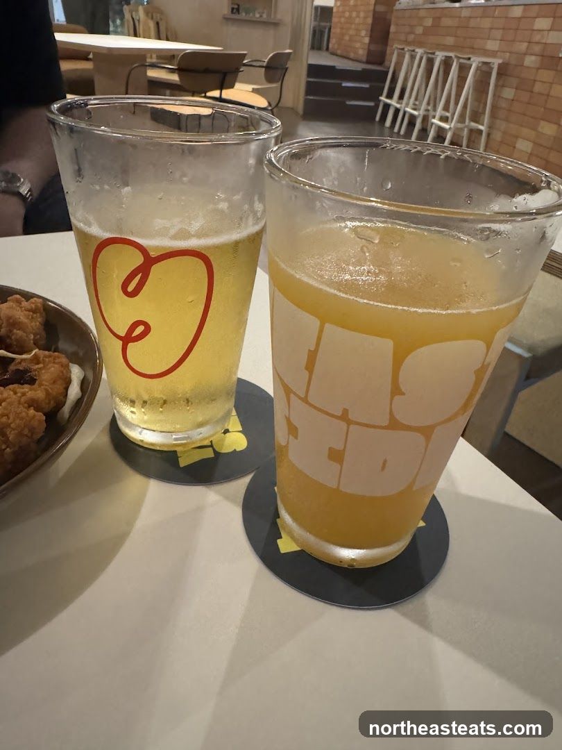 Two drinks and fried food
