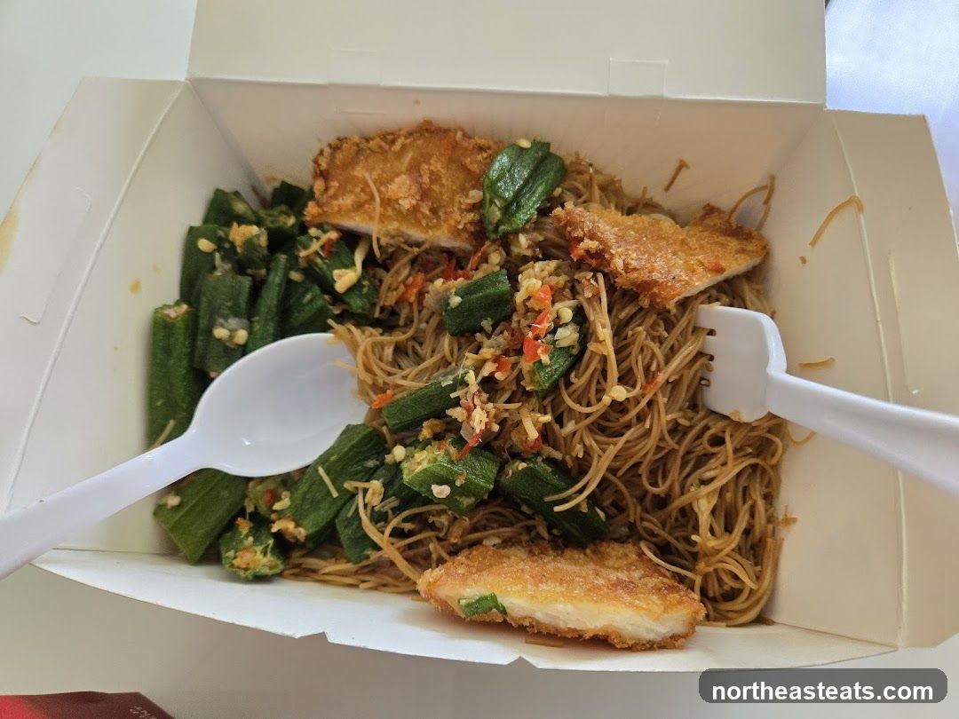 Fried Chicken with Noodles and Okra