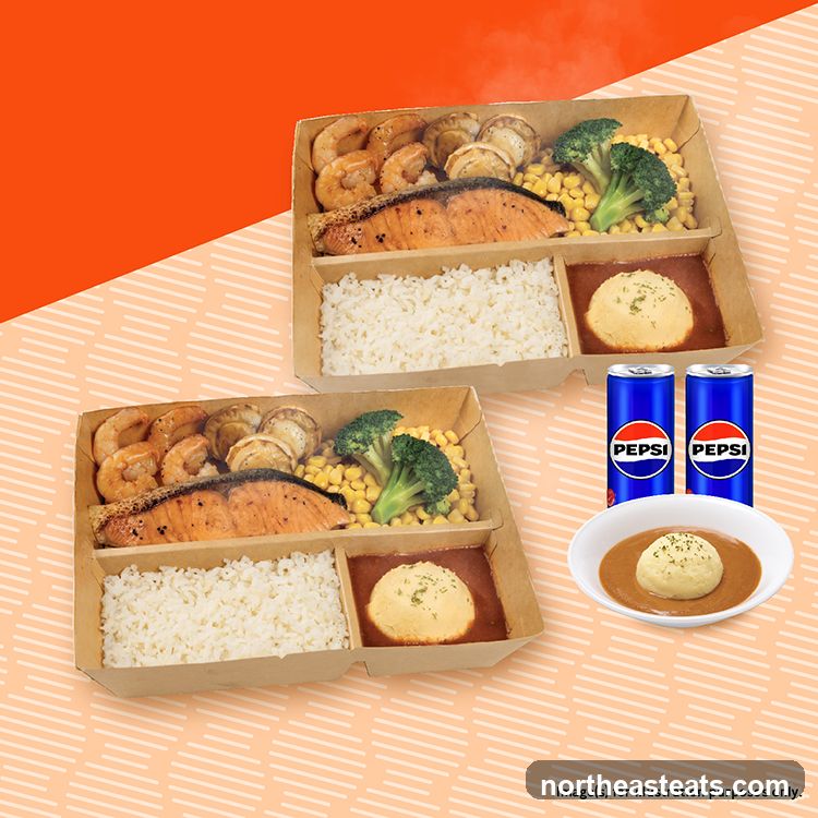 Salmon and Shrimp Bento Boxes with Pepsi