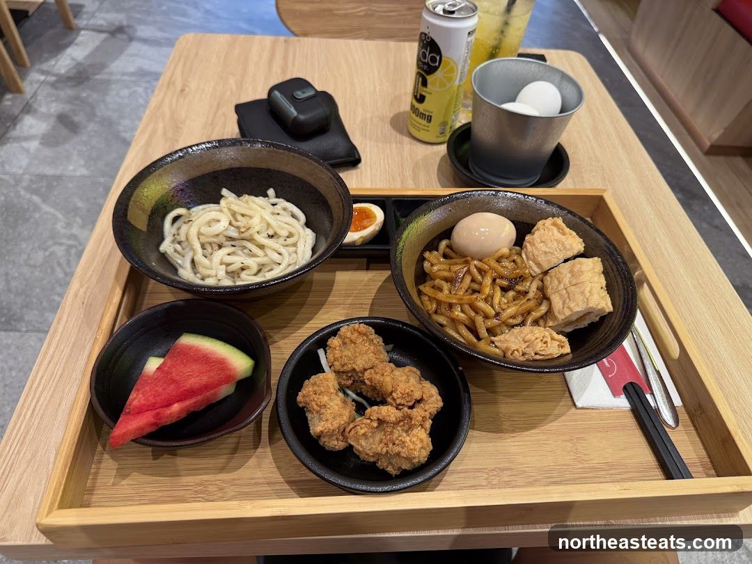 Noodle Set with Fried Chicken and Watermelon