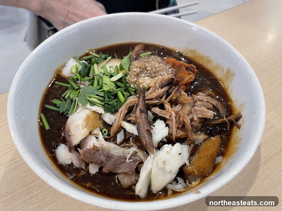 Bowl of noodles with shredded meat and herbs