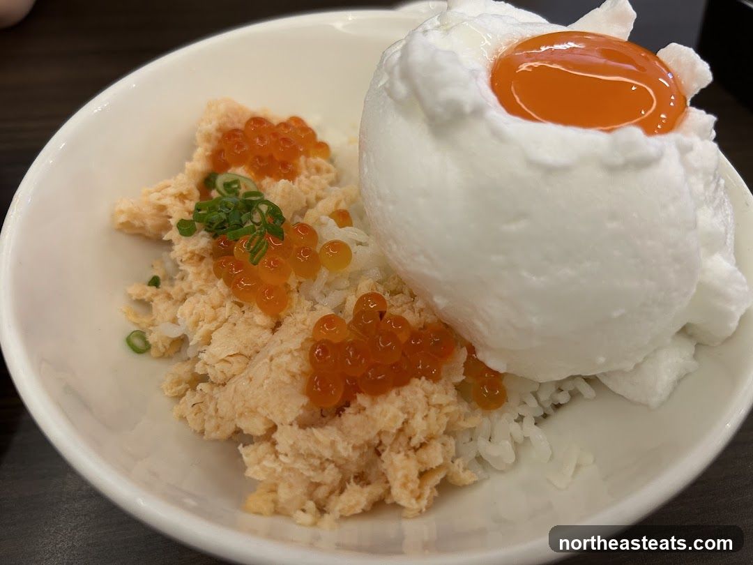 Salmon and Ikura Rice Bowl with Poached Egg