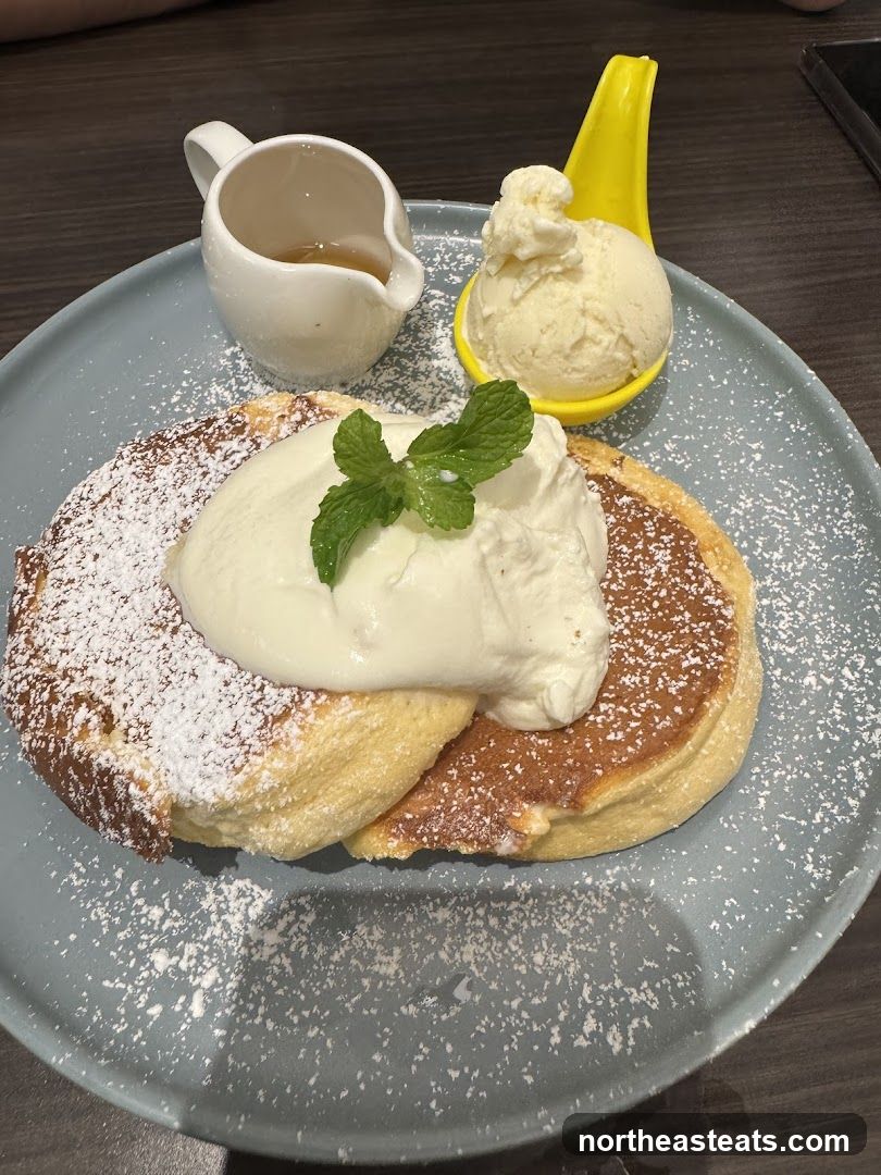 Fluffy Pancakes with Ice Cream and Syrup