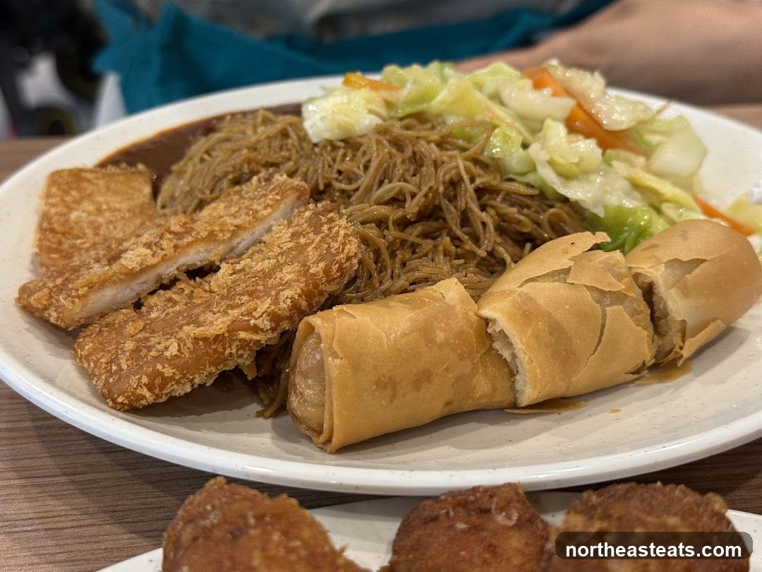 Fried Pork Cutlet with Noodles and Spring Rolls