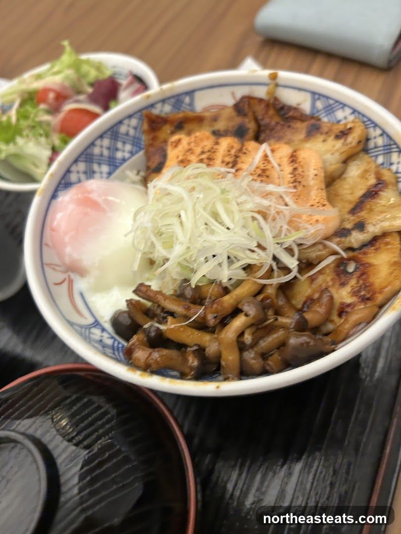 Salmon and Pork Donburi with Side Salad