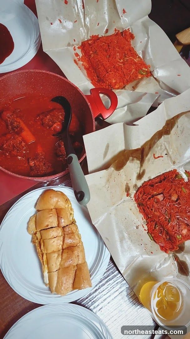 Meal with Noodles and Bread