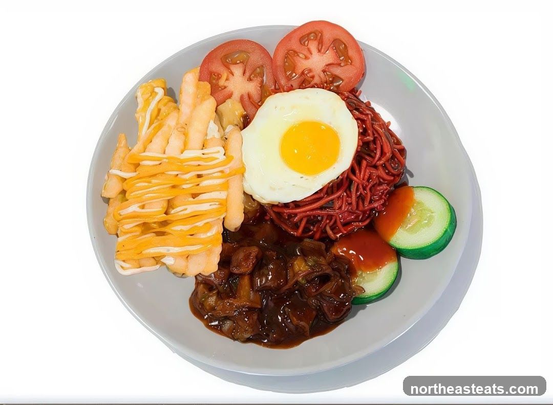 Noodles with Fried Egg and Fries