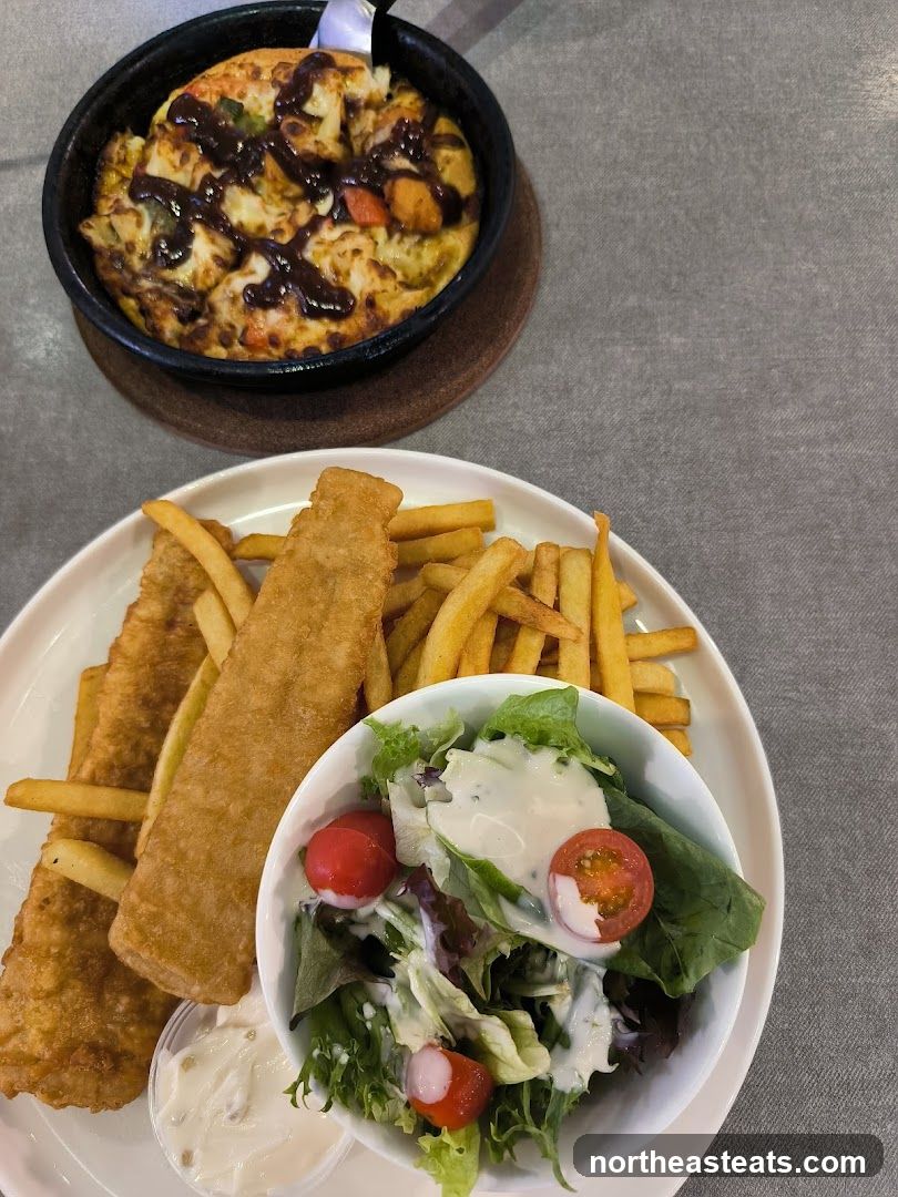 Fish and Chips with Pizza and Salad