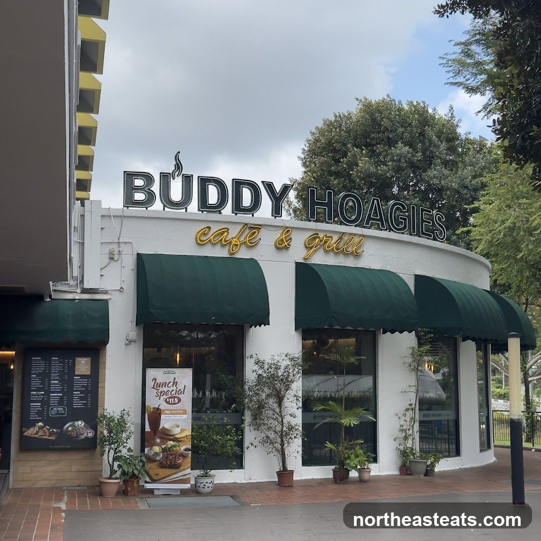 The exterior of a white building with green awnings and large windows. The name "BUDDY HOAGIES cafe & grill" is displayed in large letters on the facade. A menu board is visible to the left, and a promotional poster for a "Lunch Special" is displayed in one of the windows. Potted plants are placed outside the building.