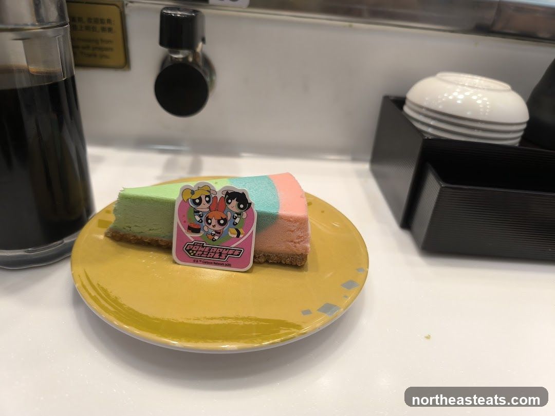 Rainbow Cheesecake Slice with Powerpuff Girls Topper