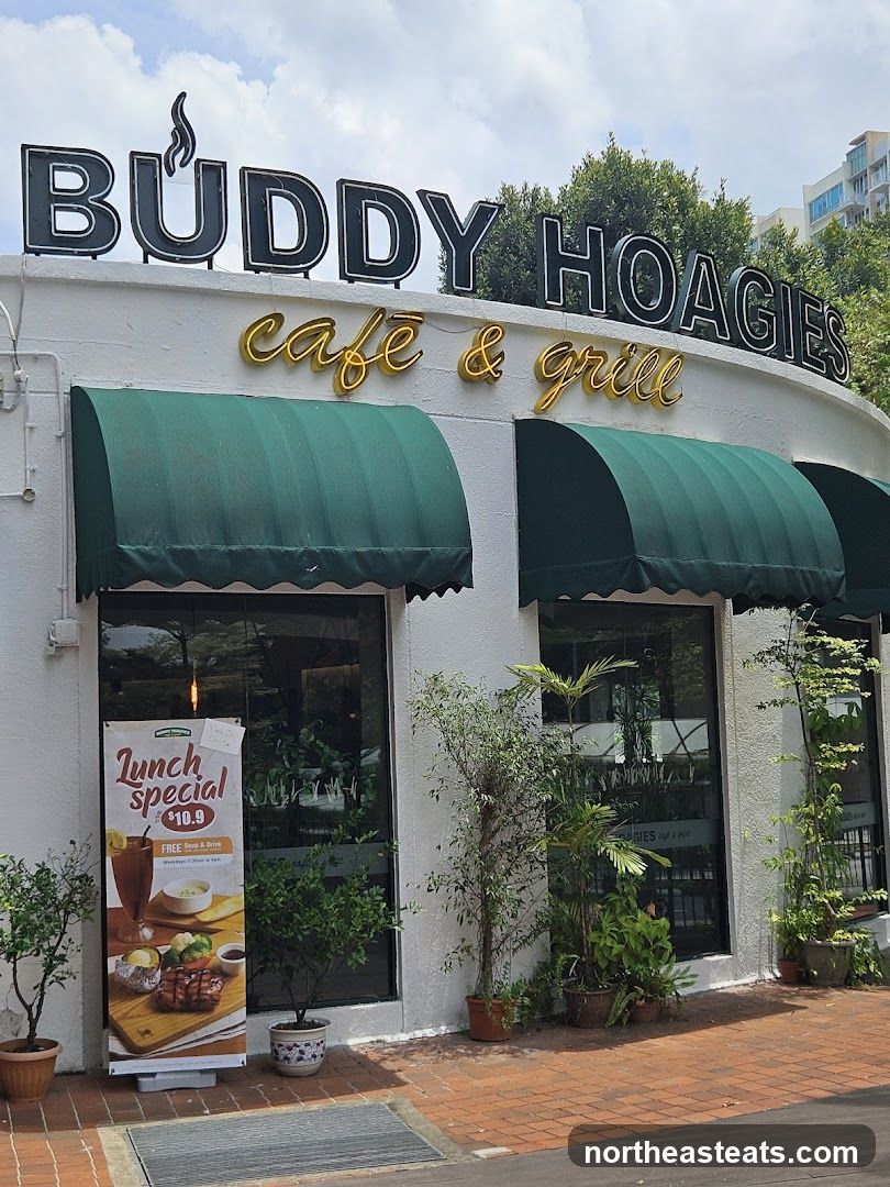 The exterior of a cafe and grill with a white facade and green awnings. The business name "BUDDY HOAGIES cafe & grill" is displayed in large neon letters on the top of the building. A "Lunch Special" poster is displayed outside one of the windows. Potted plants are placed around the entrance.