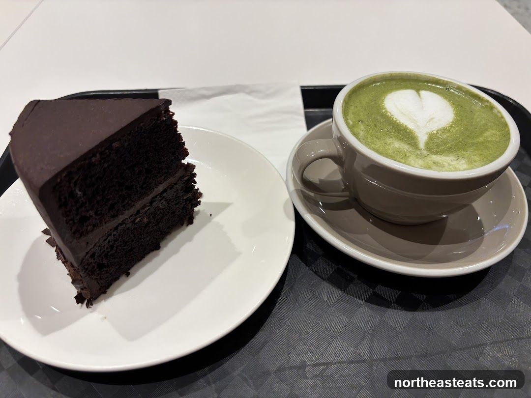 Chocolate cake and matcha latte