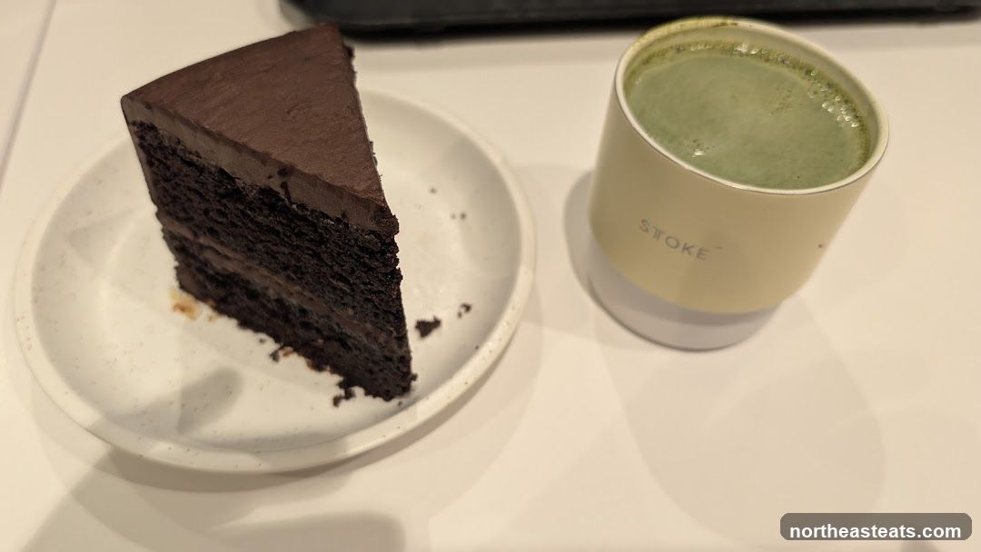 Chocolate cake and matcha latte