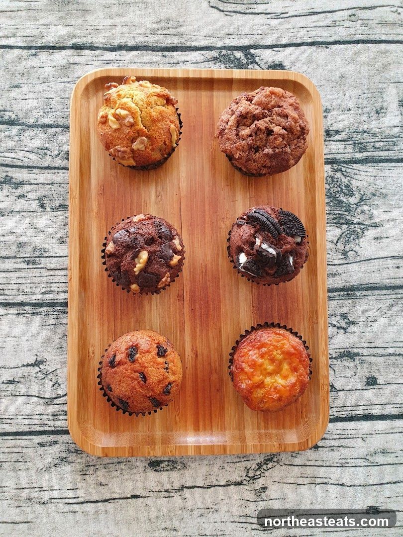 Six Muffins on a Wooden Tray
